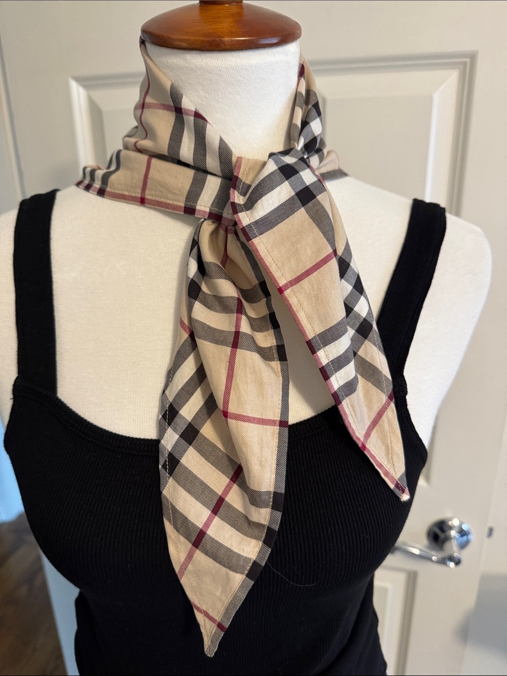 Burberry Beige Plaid Silk Neck Scarf with Black and Red Accents 💯 authentic